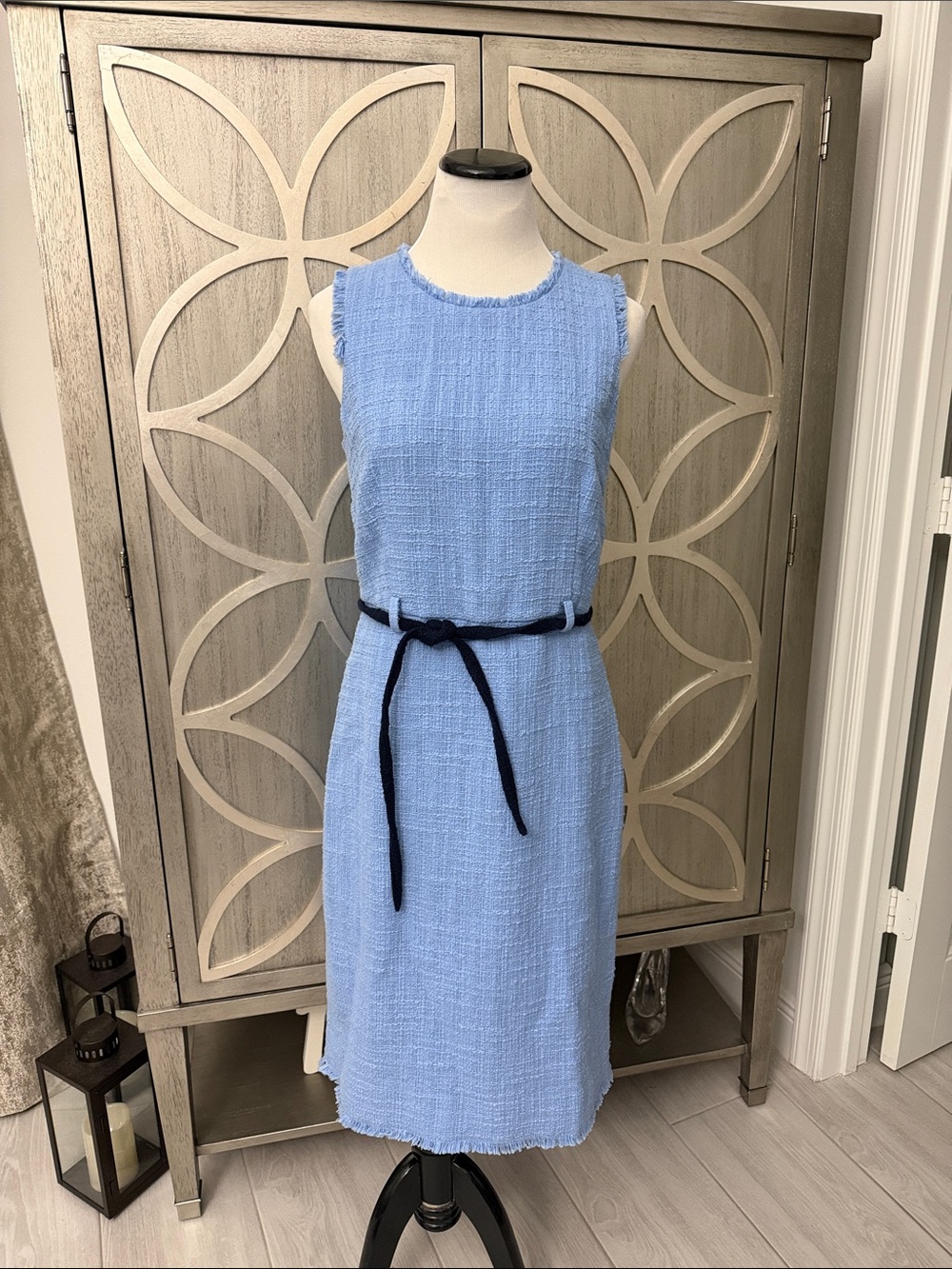J.Crew Tweed Sleeveless Light Blue Textured Sheath Dress with Tie Belt - Picture 3 of 7